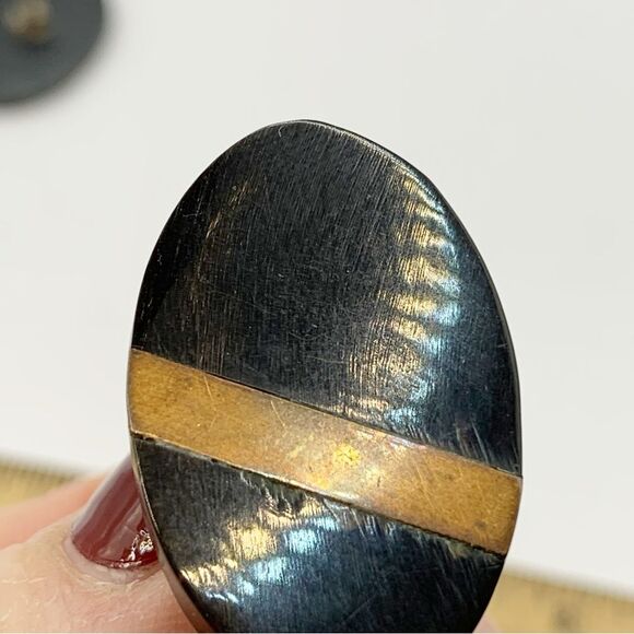Vintage black bone and brass inlay stripe chunky oval stud earrings - Picture 9 of 13